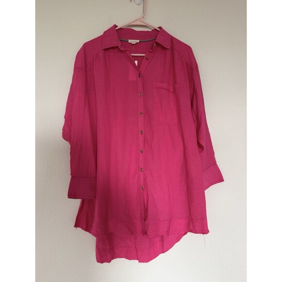 Pilcro Anthropologie Oversized Pink Tunic Blouse Size XS Raw Hem Beachy Boho Top - Picture 1 of 11